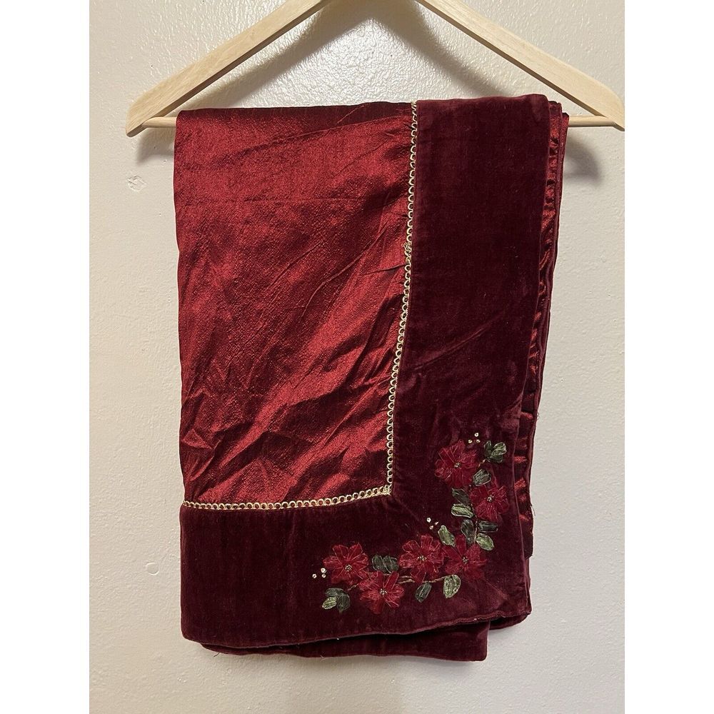 Red Velvet Christmas Tablecloth w/Gold Accents and Floral Embroidery 60" x 104"